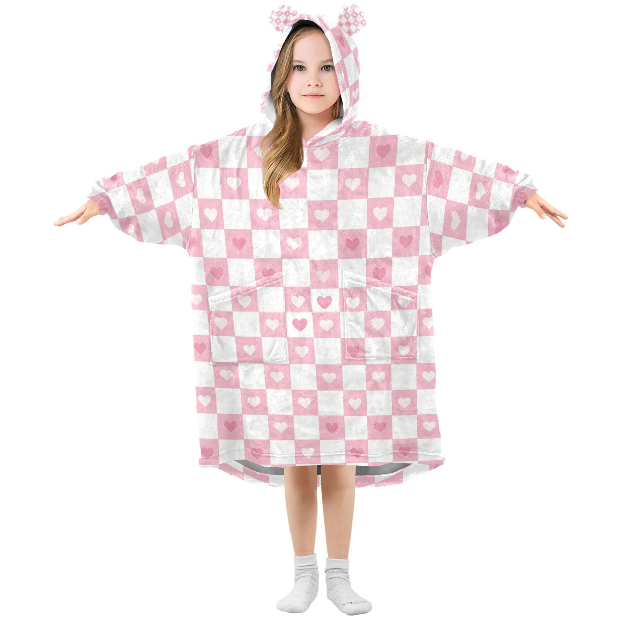 FORMRS Wearable Blanket Hoodie with Sleeves for Kids Cozy Flannel Sweatshirt, Pink Checkered Heart