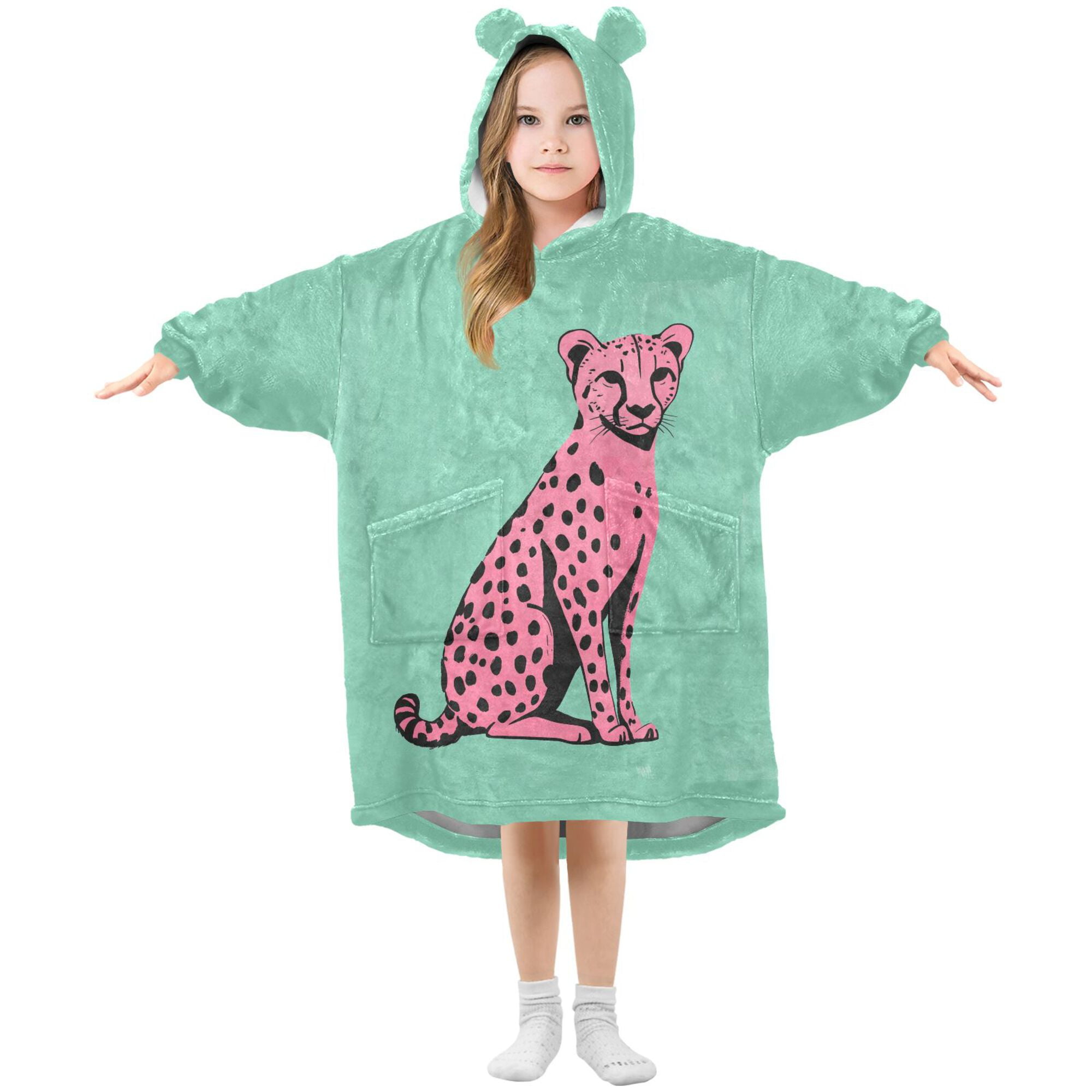 FORMRS Wearable Blanket Hoodie with Sleeves for Kids Cozy Flannel Sweatshirt, Pink Cheetah