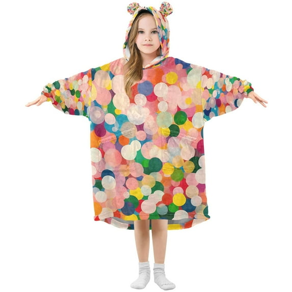 FORMRS Wearable Blanket Hoodie with Sleeves for Kids Cozy Flannel Sweatshirt, Pink Colorful Circles