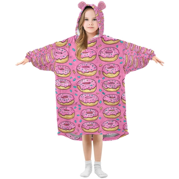 FORMRS Wearable Blanket Hoodie with Sleeves for Kids Cozy Flannel Sweatshirt, Pink Doughnuts