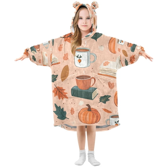 FORMRS Wearable Blanket Hoodie with Sleeves for Kids Cozy Flannel Sweatshirt, Pink Fall Coffee