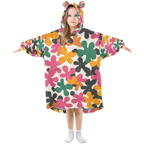 FORMRS Wearable Blanket Hoodie with Sleeves for Kids Cozy Flannel Sweatshirt, Pink Floral Blooms