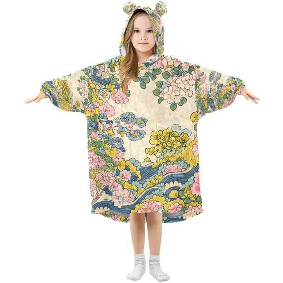 FORMRS Wearable Blanket Hoodie with Sleeves for Kids Cozy Flannel Sweatshirt, Pink Floral Wave