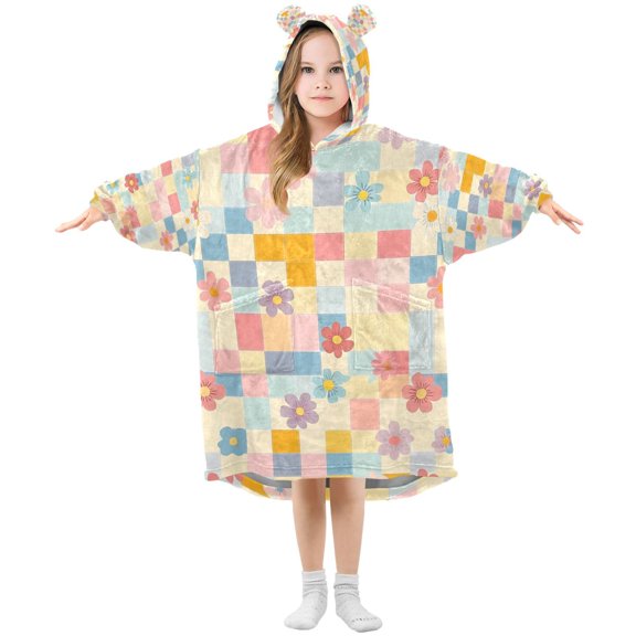 FORMRS Wearable Blanket Hoodie with Sleeves for Kids Cozy Flannel Sweatshirt, Pink Floral
