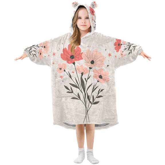 FORMRS Wearable Blanket Hoodie with Sleeves for Kids Cozy Flannel Sweatshirt, Pink Flower