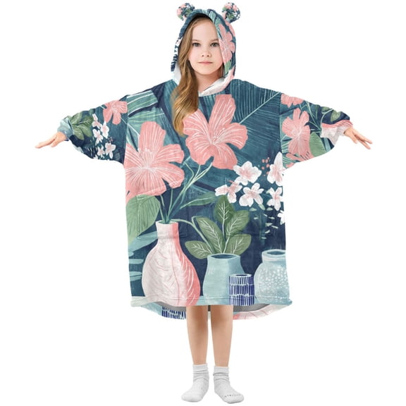 FORMRS Wearable Blanket Hoodie with Sleeves for Kids Cozy Flannel Sweatshirt, Pink Flowers