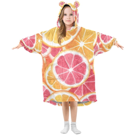 FORMRS Wearable Blanket Hoodie with Sleeves for Kids Cozy Flannel Sweatshirt, Pink Grapefruit Slices