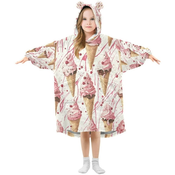 FORMRS Wearable Blanket Hoodie with Sleeves for Kids Cozy Flannel Sweatshirt, Pink Ice Cream Pattern