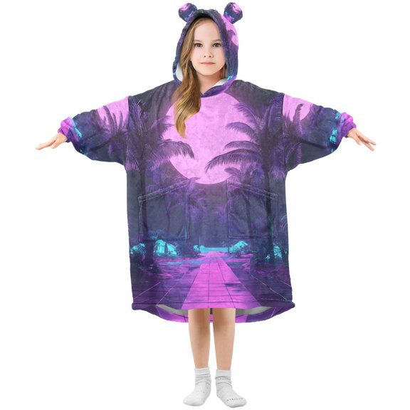 FORMRS Wearable Blanket Hoodie with Sleeves for Kids Cozy Flannel Sweatshirt, Pink Neon Road