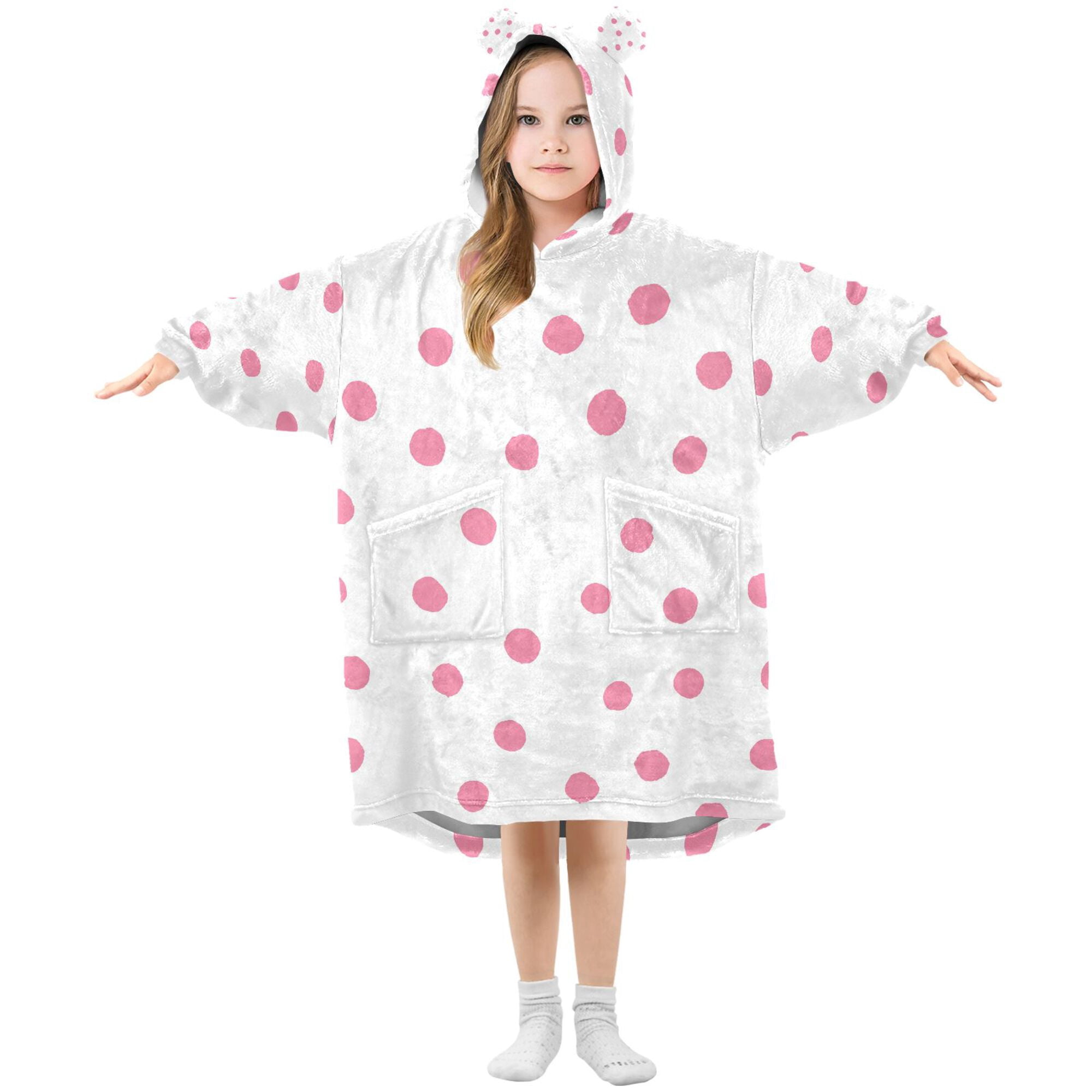 FORMRS Wearable Blanket Hoodie with Sleeves for Kids Cozy Flannel Sweatshirt, Pink Polka Dots
