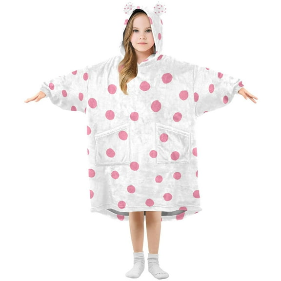 FORMRS Wearable Blanket Hoodie with Sleeves for Kids Cozy Flannel Sweatshirt, Pink Polka Dots