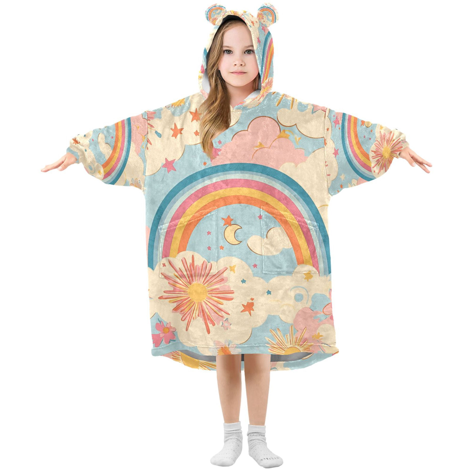 FORMRS Wearable Blanket Hoodie with Sleeves for Kids Cozy Flannel Sweatshirt, Pink Retro Sun