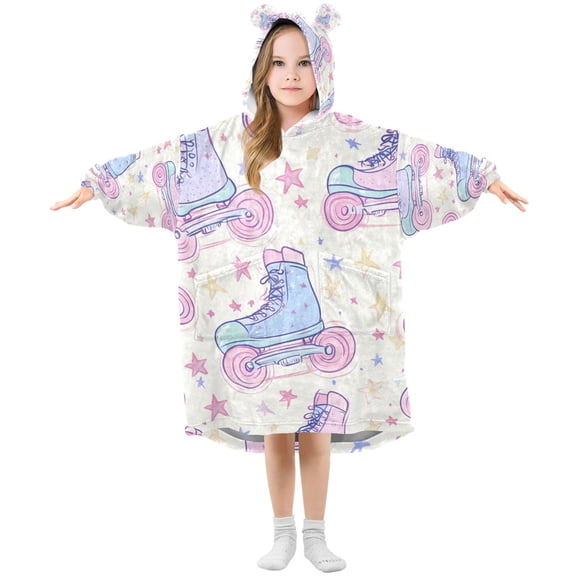 FORMRS Wearable Blanket Hoodie with Sleeves for Kids Cozy Flannel Sweatshirt, Pink Skates