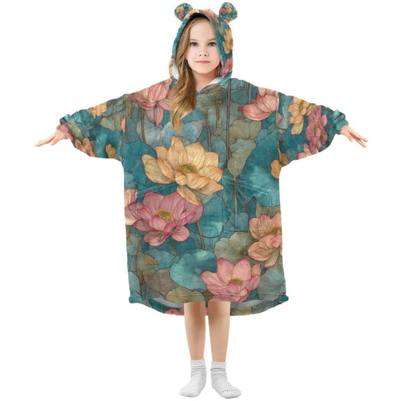 FORMRS Wearable Blanket Hoodie with Sleeves for Kids Cozy Flannel Sweatshirt, Pink Water Lilies Pattern