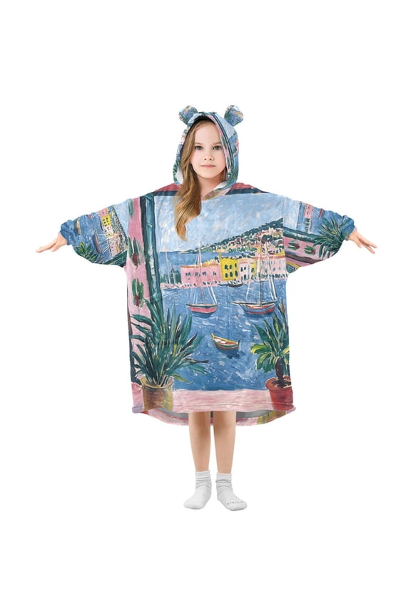 Wearable Blanket Hoodie with Sleeves for Kids Cozy Flannel Sweatshirt, Pink Window