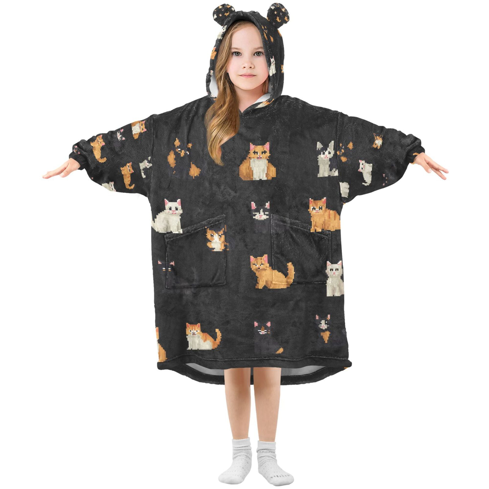 FORMRS Wearable Blanket Hoodie with Sleeves for Kids Cozy Flannel Sweatshirt, Pixel Cat