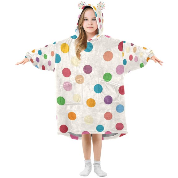 FORMRS Wearable Blanket Hoodie with Sleeves for Kids Cozy Flannel Sweatshirt, Polka Dot