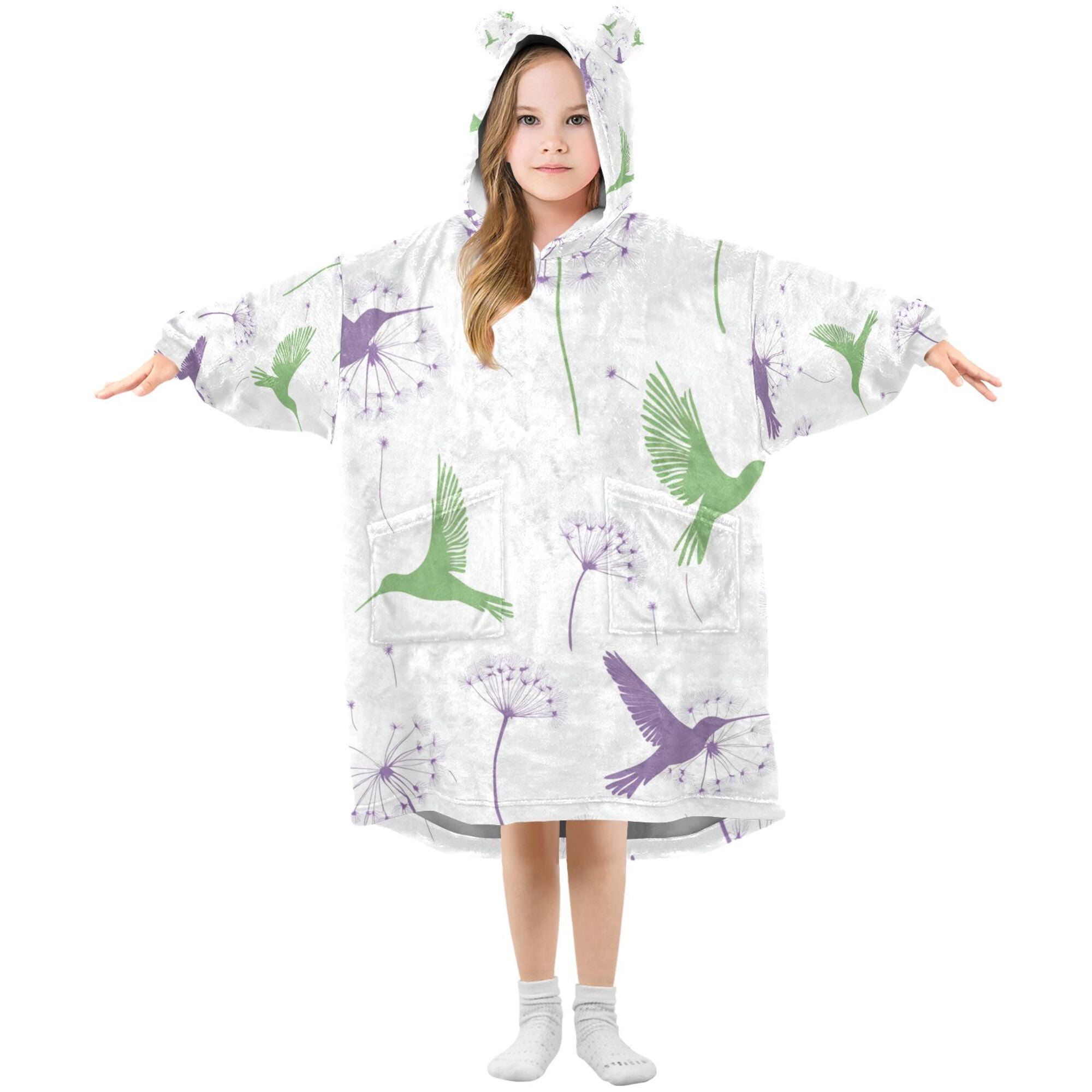 FORMRS Wearable Blanket Hoodie with Sleeves for Kids Cozy Flannel Sweatshirt, Purple Birds