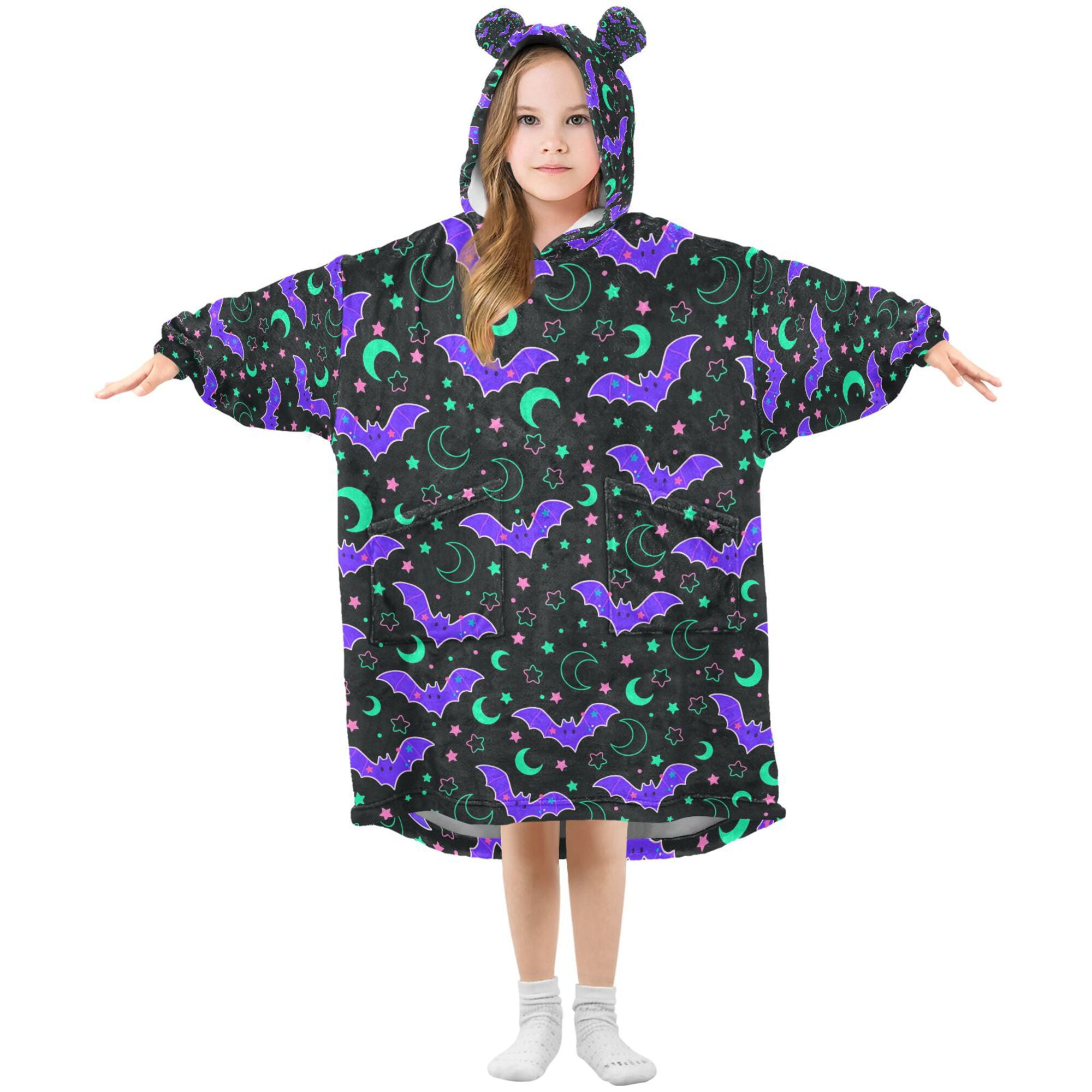 FORMRS Wearable Blanket Hoodie with Sleeves for Kids Cozy Flannel Sweatshirt, Purple Cartoon Bats Pattern