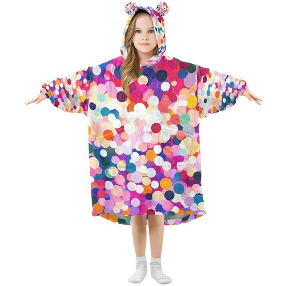 FORMRS Wearable Blanket Hoodie with Sleeves for Kids Cozy Flannel Sweatshirt, Purple Colorful Circles