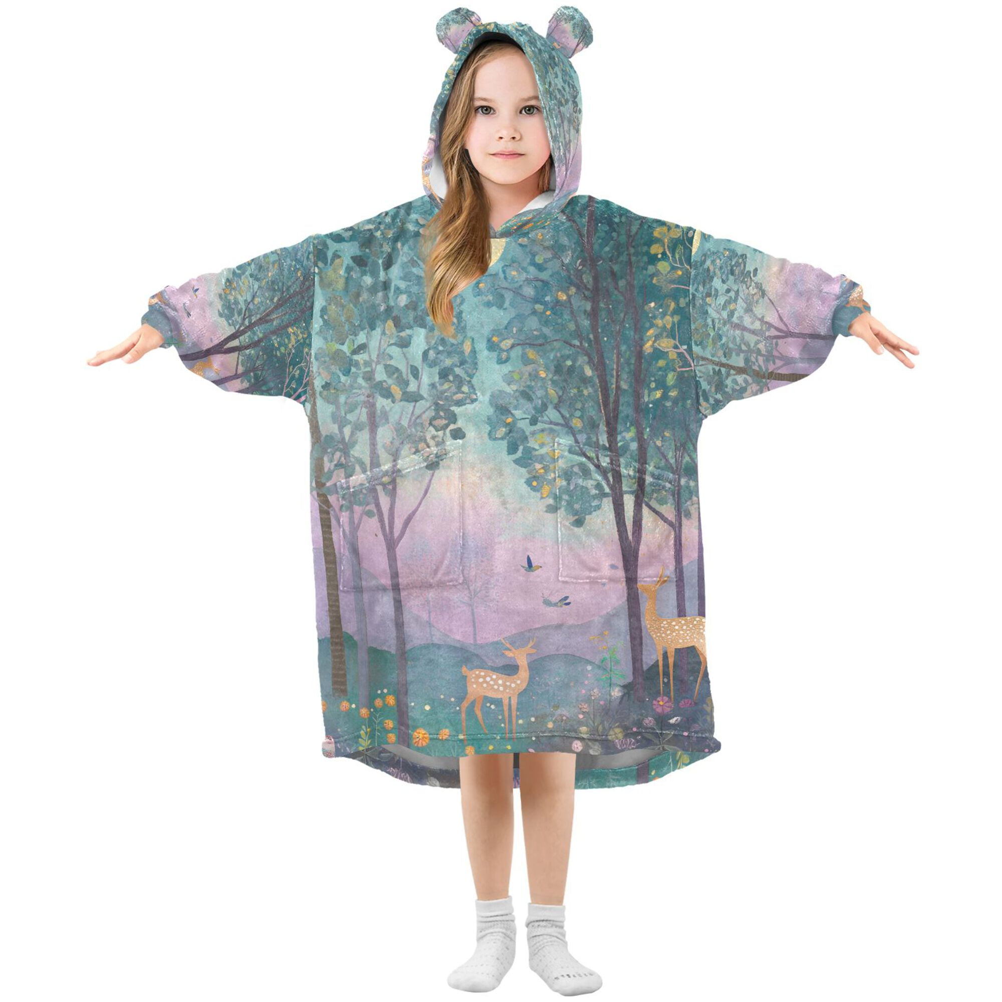 FORMRS Wearable Blanket Hoodie with Sleeves for Kids Cozy Flannel Sweatshirt, Purple Forest Scene