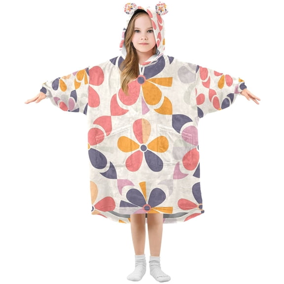 FORMRS Wearable Blanket Hoodie with Sleeves for Kids Cozy Flannel Sweatshirt, Purple Retro Flower