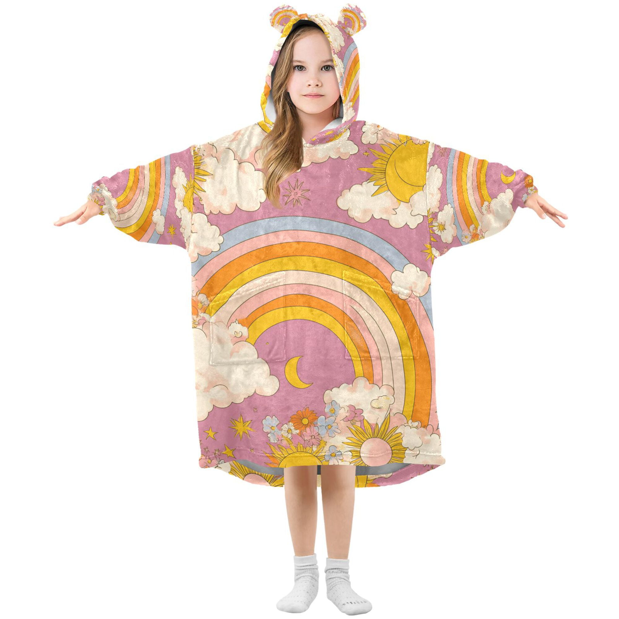 FORMRS Wearable Blanket Hoodie with Sleeves for Kids Cozy Flannel Sweatshirt, Purple Retro Rainbow