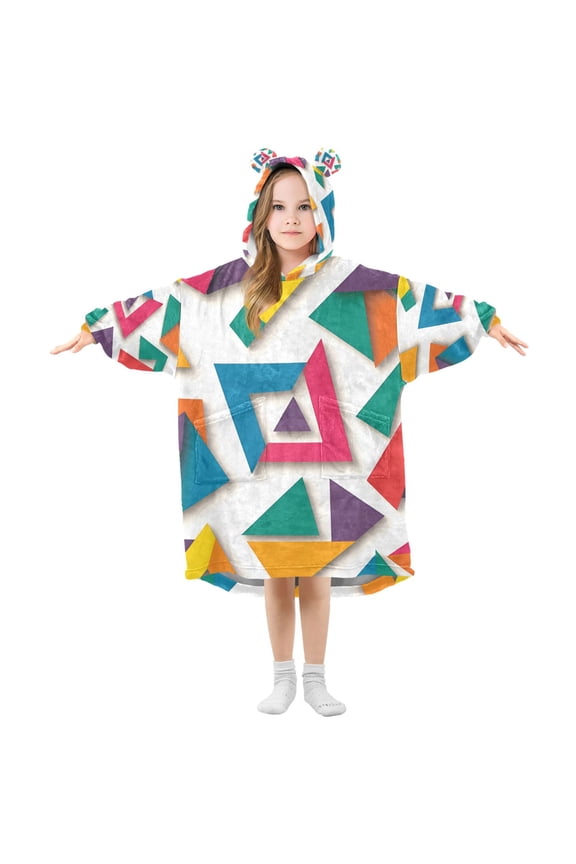 Wearable Blanket Hoodie with Sleeves for Kids Cozy Flannel Sweatshirt, Purple Triangles