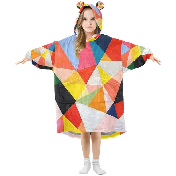 FORMRS Wearable Blanket Hoodie with Sleeves for Kids Cozy Flannel Sweatshirt, Purple Triangles