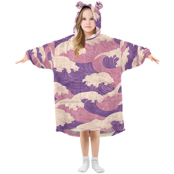 FORMRS Wearable Blanket Hoodie with Sleeves for Kids Cozy Flannel Sweatshirt, Purple Wave Pattern