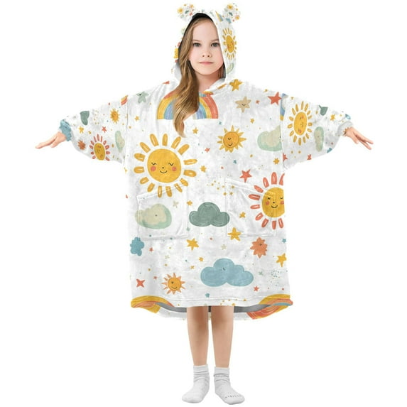FORMRS Wearable Blanket Hoodie with Sleeves for Kids Cozy Flannel Sweatshirt, Rainbows Pattern