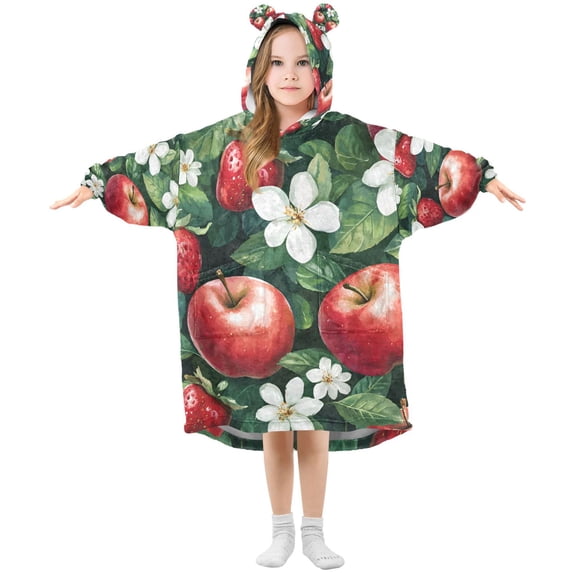 FORMRS Wearable Blanket Hoodie with Sleeves for Kids Cozy Flannel Sweatshirt, Red Apple Pattern