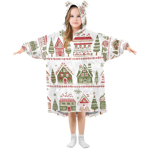 FORMRS Wearable Blanket Hoodie with Sleeves for Kids Cozy Flannel Sweatshirt, Red Christmas House