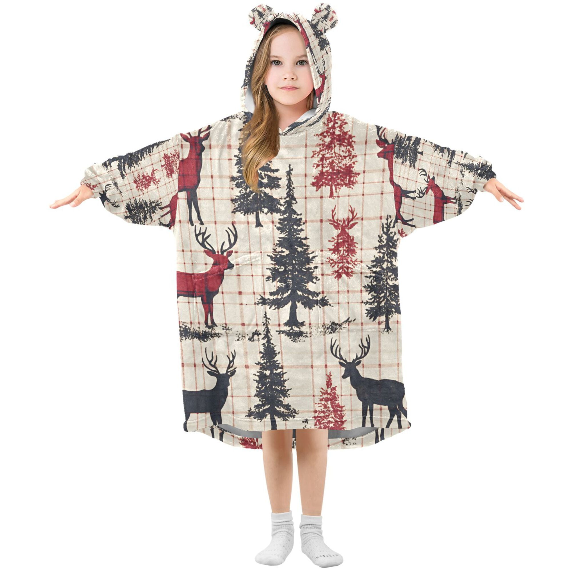 FORMRS Wearable Blanket Hoodie with Sleeves for Kids Cozy Flannel Sweatshirt, Red Deer