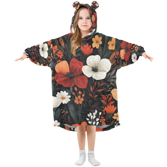FORMRS Wearable Blanket Hoodie with Sleeves for Kids Cozy Flannel Sweatshirt, Red Flowers Pattern