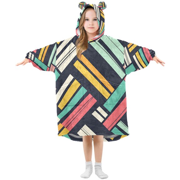 FORMRS Wearable Blanket Hoodie with Sleeves for Kids Cozy Flannel Sweatshirt, Red Geometric