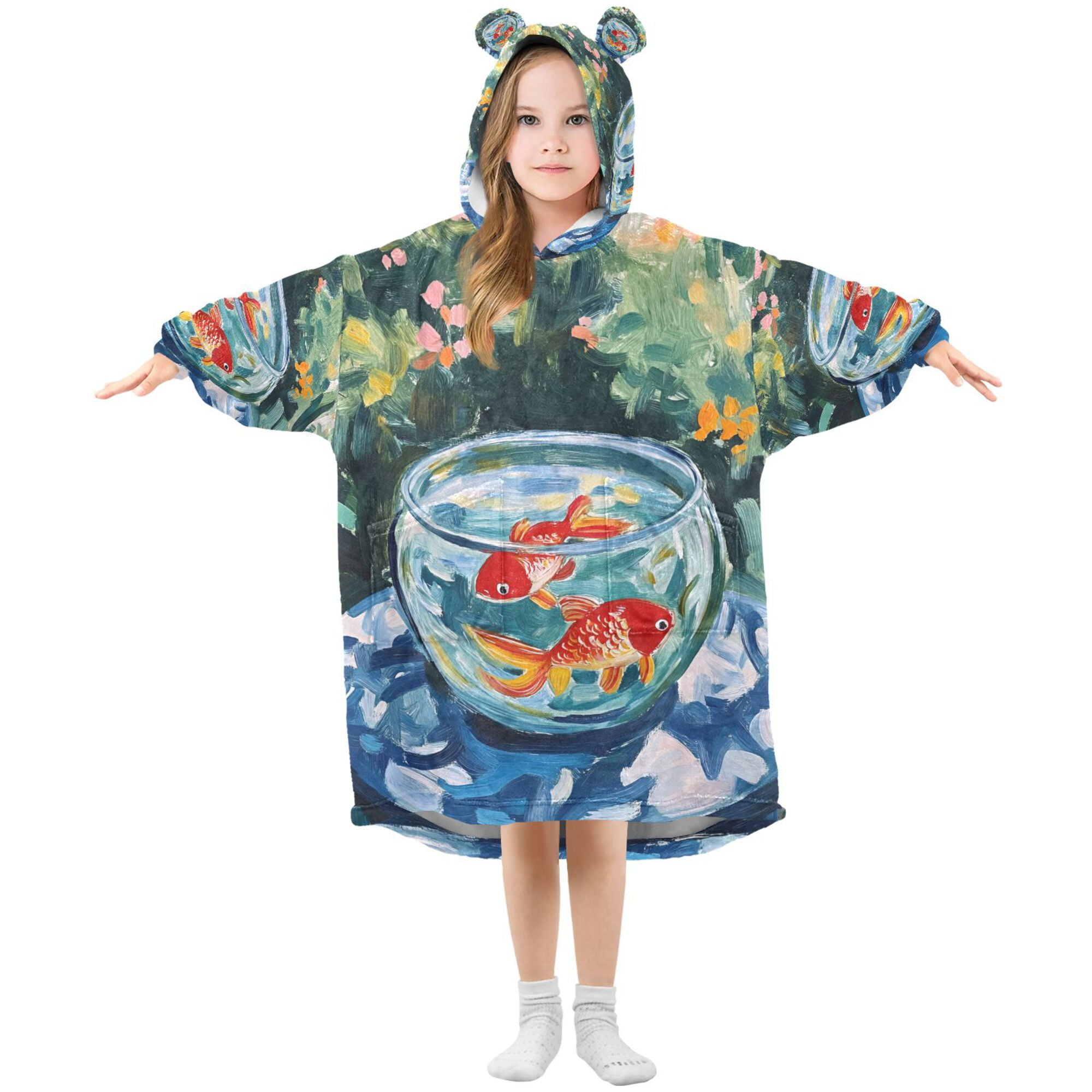 FORMRS Wearable Blanket Hoodie with Sleeves for Kids Cozy Flannel Sweatshirt, Red Goldfish
