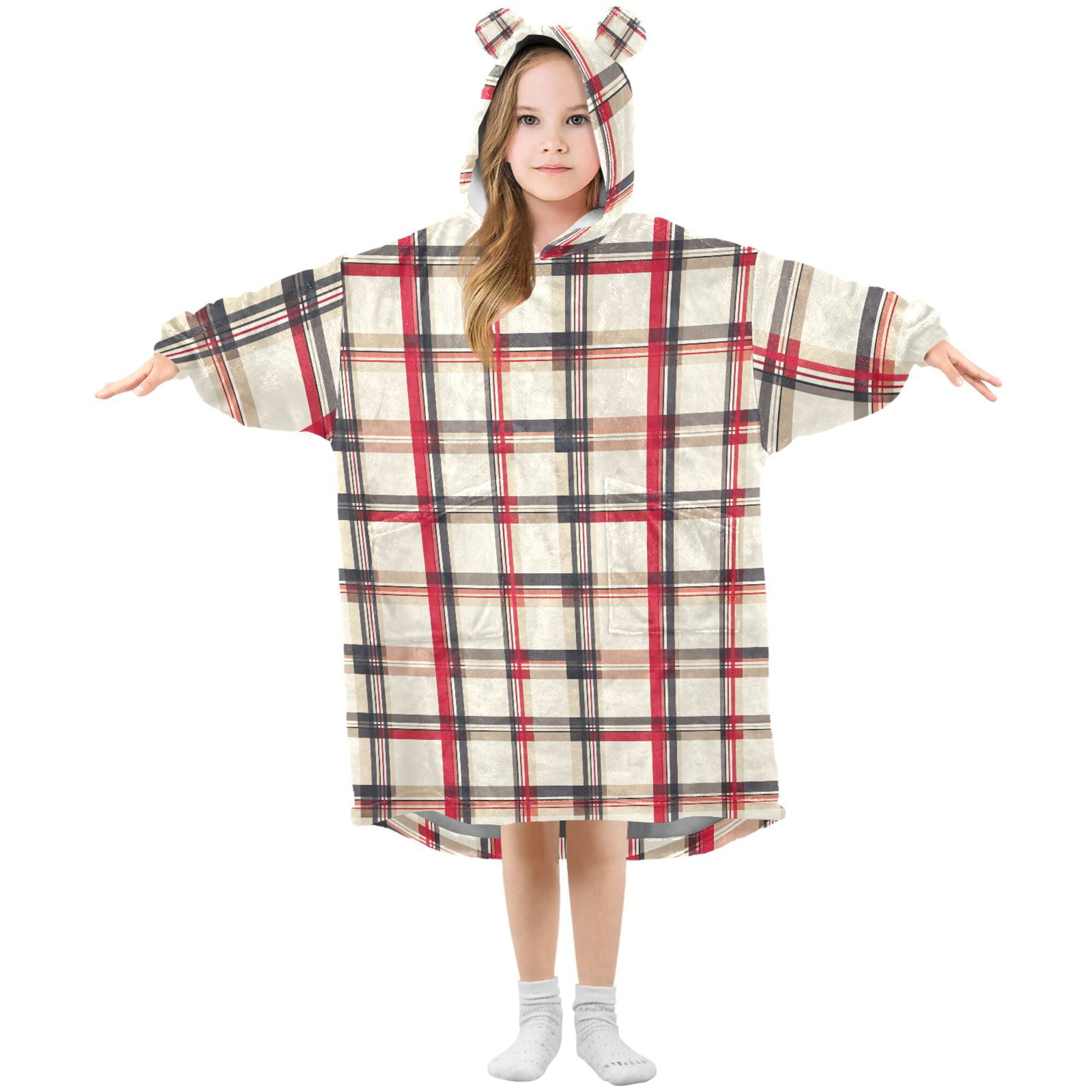 FORMRS Wearable Blanket Hoodie with Sleeves for Kids Cozy Flannel Sweatshirt, Red Tartan