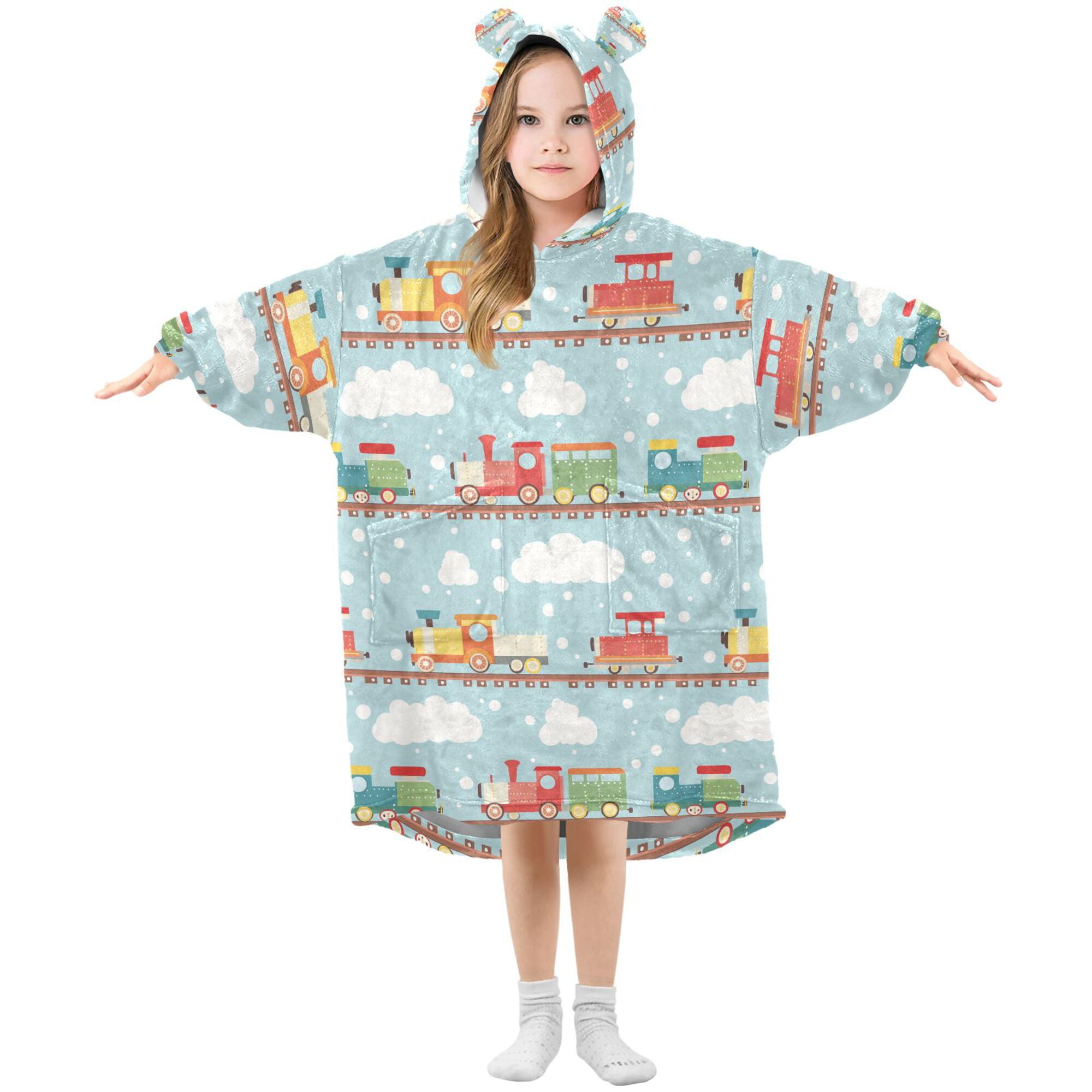 FORMRS Wearable Blanket Hoodie with Sleeves for Kids Cozy Flannel Sweatshirt, Red Trains Pattern
