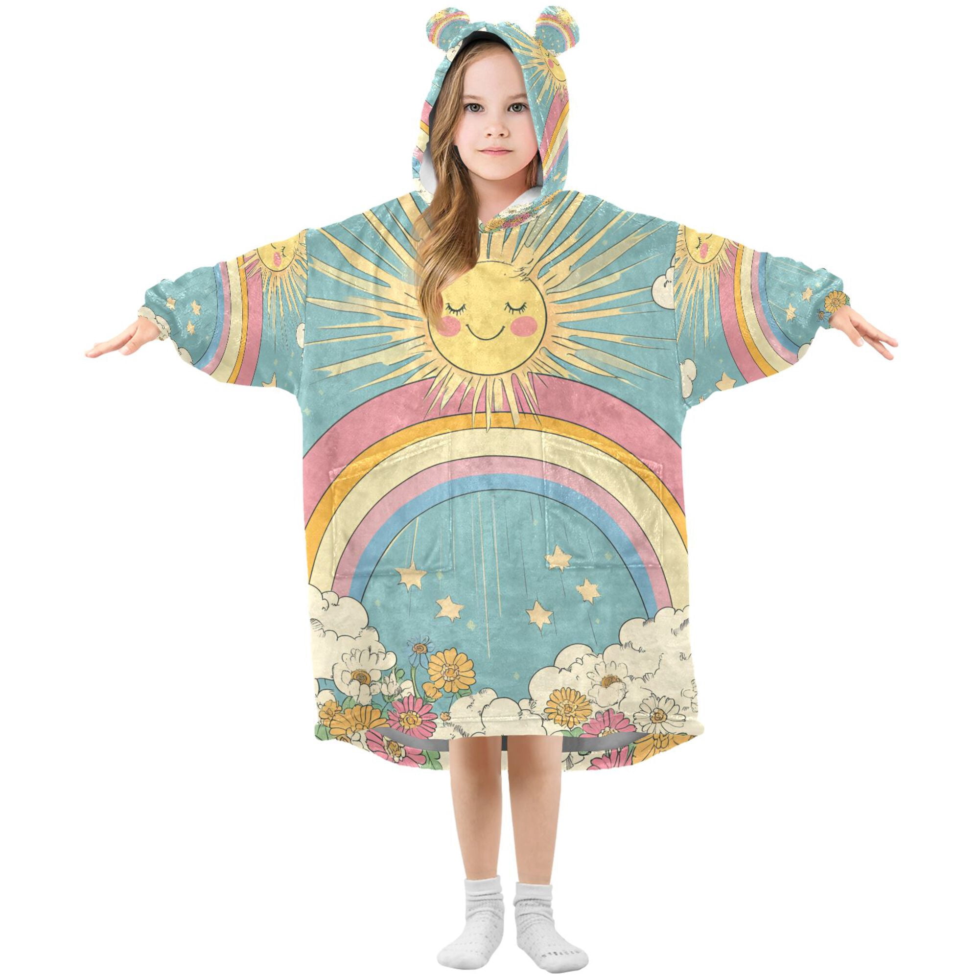 FORMRS Wearable Blanket Hoodie with Sleeves for Kids Cozy Flannel Sweatshirt, Retro Beige Rainbow