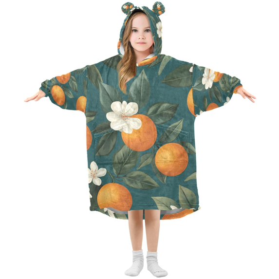 FORMRS Wearable Blanket Hoodie with Sleeves for Kids Cozy Flannel Sweatshirt, Retro Floral Orange