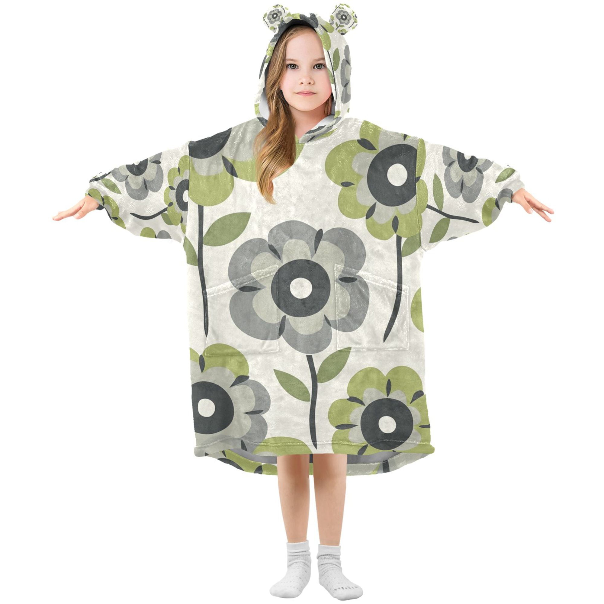 FORMRS Wearable Blanket Hoodie with Sleeves for Kids Cozy Flannel Sweatshirt, Retro Flower