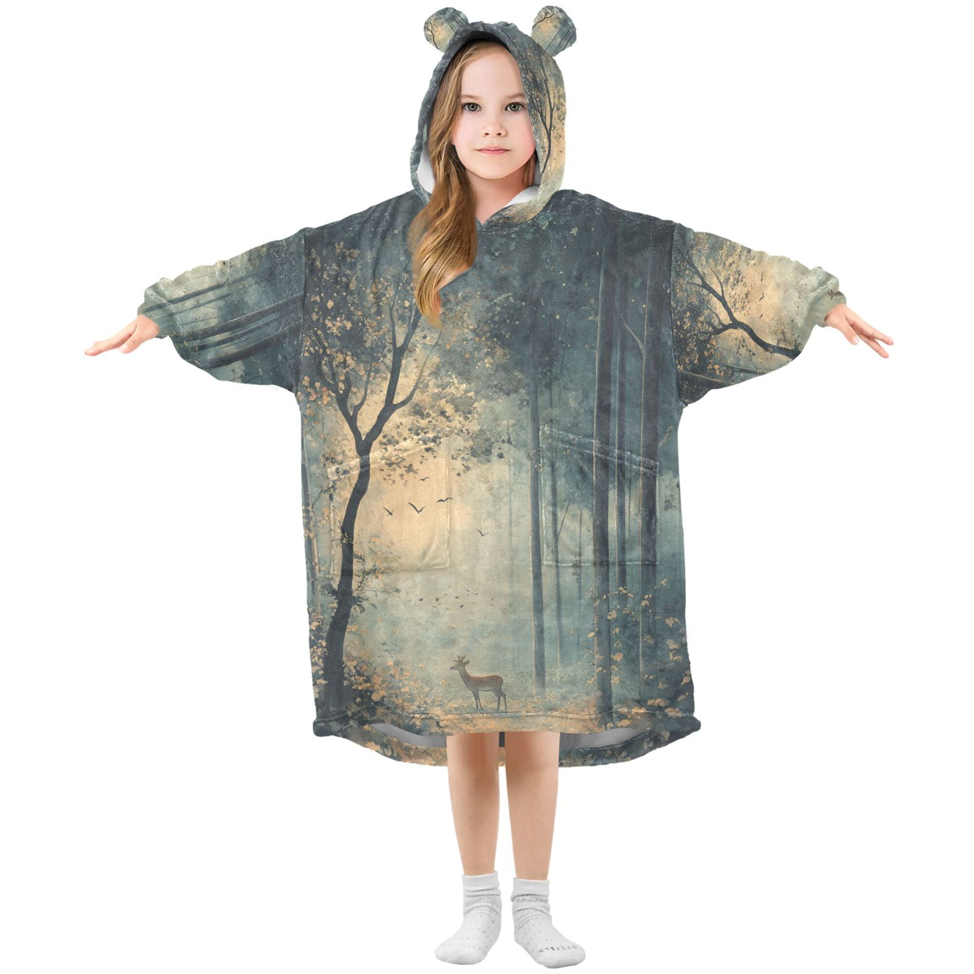 FORMRS Wearable Blanket Hoodie with Sleeves for Kids Cozy Flannel Sweatshirt, Retro Forest