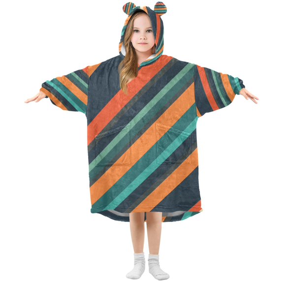 FORMRS Wearable Blanket Hoodie with Sleeves for Kids Cozy Flannel Sweatshirt, Retro Stripes