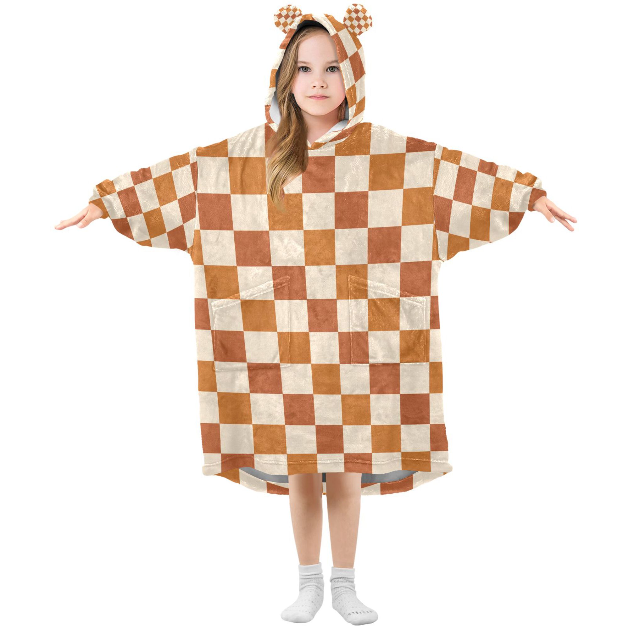FORMRS Wearable Blanket Hoodie with Sleeves for Kids Cozy Flannel Sweatshirt, Rusty Orange Plaid