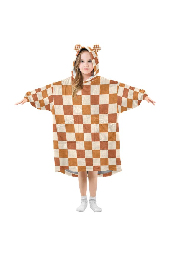 Wearable Blanket Hoodie with Sleeves for Kids Cozy Flannel Sweatshirt, Rusty Orange Plaid