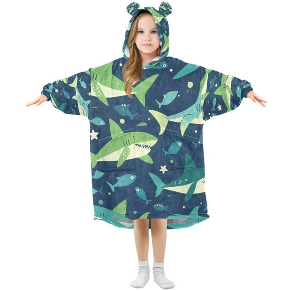 FORMRS Wearable Blanket Hoodie with Sleeves for Kids Cozy Flannel Sweatshirt, Sharks Pattern