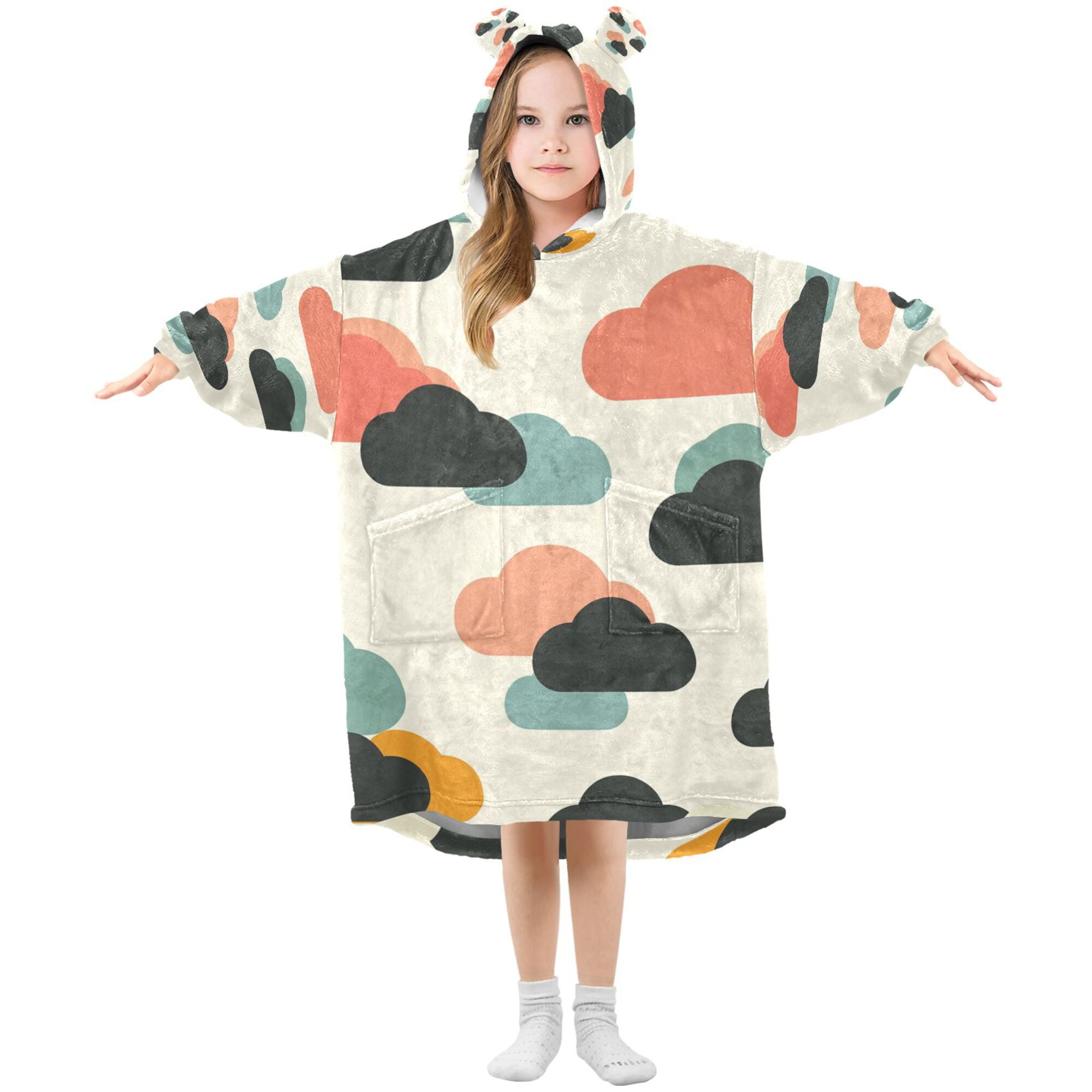 FORMRS Wearable Blanket Hoodie with Sleeves for Kids Cozy Flannel Sweatshirt, Simple Clouds