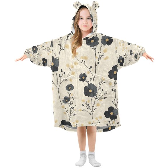 FORMRS Wearable Blanket Hoodie with Sleeves for Kids Cozy Flannel Sweatshirt, Small Black Flowers