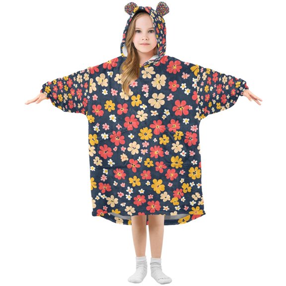 FORMRS Wearable Blanket Hoodie with Sleeves for Kids Cozy Flannel Sweatshirt, Small Colorful Flower